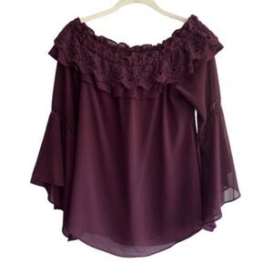 WHBM Crochet Bell Sleeve Blouse Off the Shoulder Cabernet Purple Red Size S